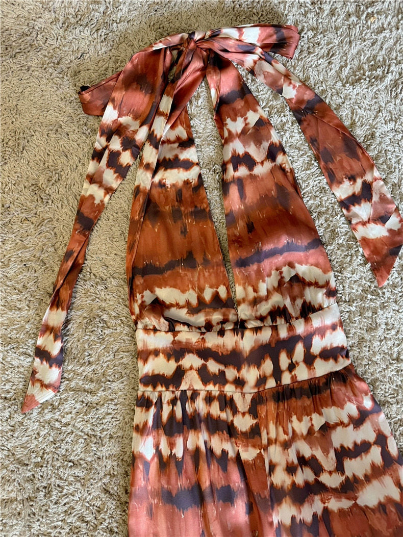 Halter V-Neck Tie Dye Wide Leg Pocket Jumpsuit