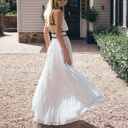 polka dot pleated cinched backless slip dress