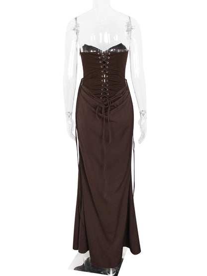 brown bandeau herringbone evening dress