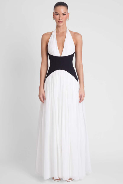 black and white suspender backless maxi dress