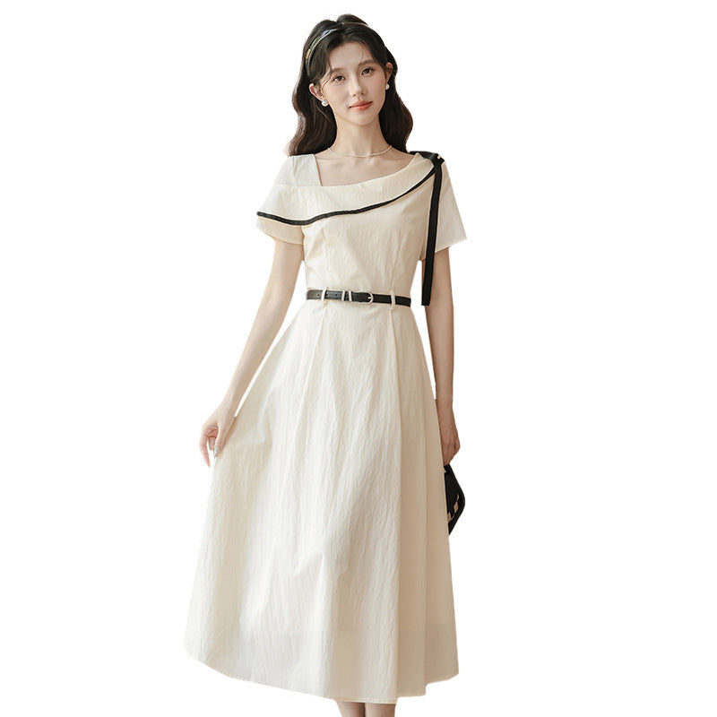 Short-sleeved asymmetrical shoulder midi dress - apricot