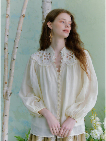 beige hollow embroidered lantern sleeve stand-collar ramie shirt