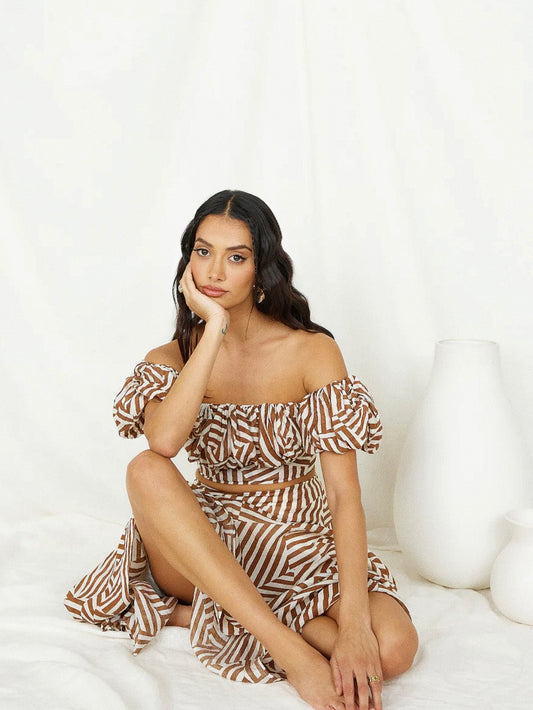 Off Shoulder Puff Sleeve Striped Crop Top & Tiered Maxi Skirt Set