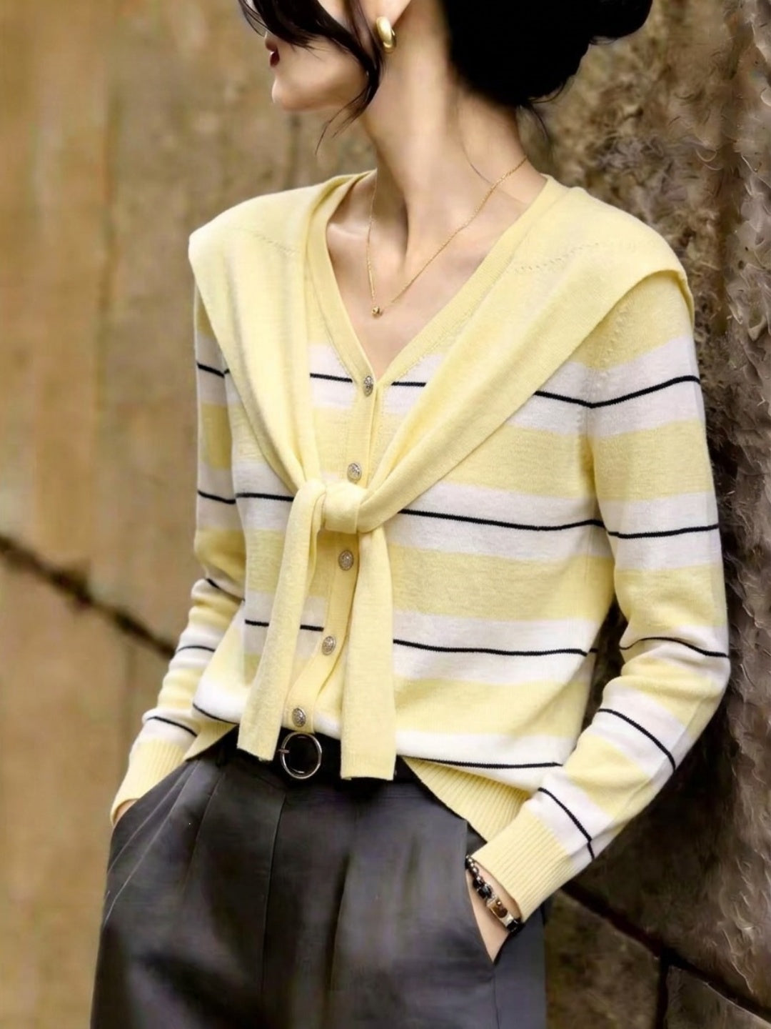 Blue Striped Knitted Shawl-style Top