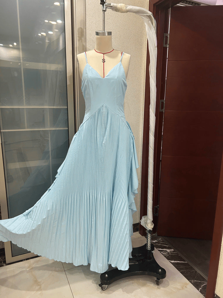 Light Blue Pleated Sleeveless V-Neck maxi Dress