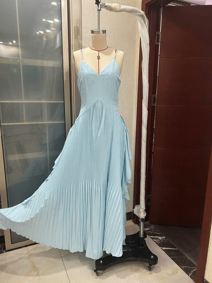 Light Blue Pleated Sleeveless V-Neck maxi Dress