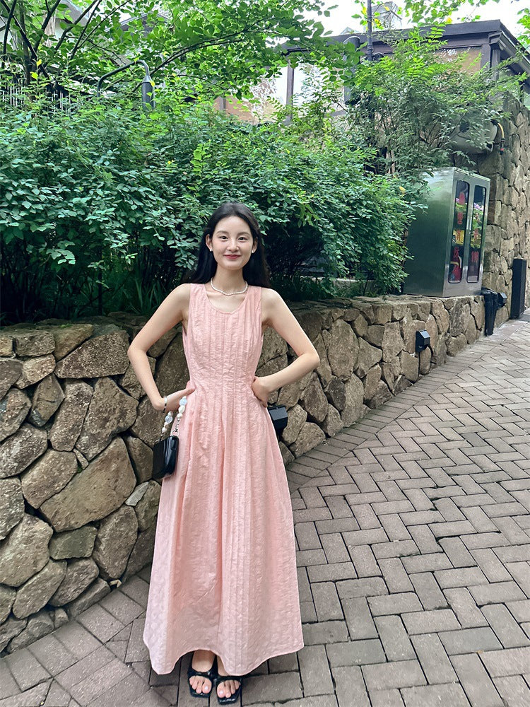 Tencel textured waist-cinching midi dress - pink