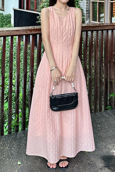 Tencel textured waist-cinching midi dress - pink