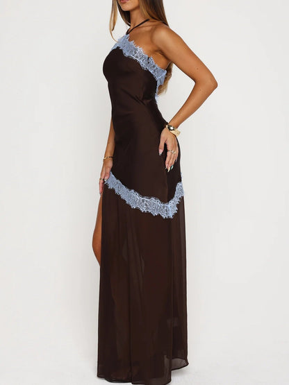 Halter-neck lace color-block patchwork backless dress