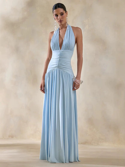 blue halterneck open back slip maxi dress