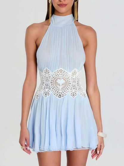 Halter-neck open-back cutout lace mini dress