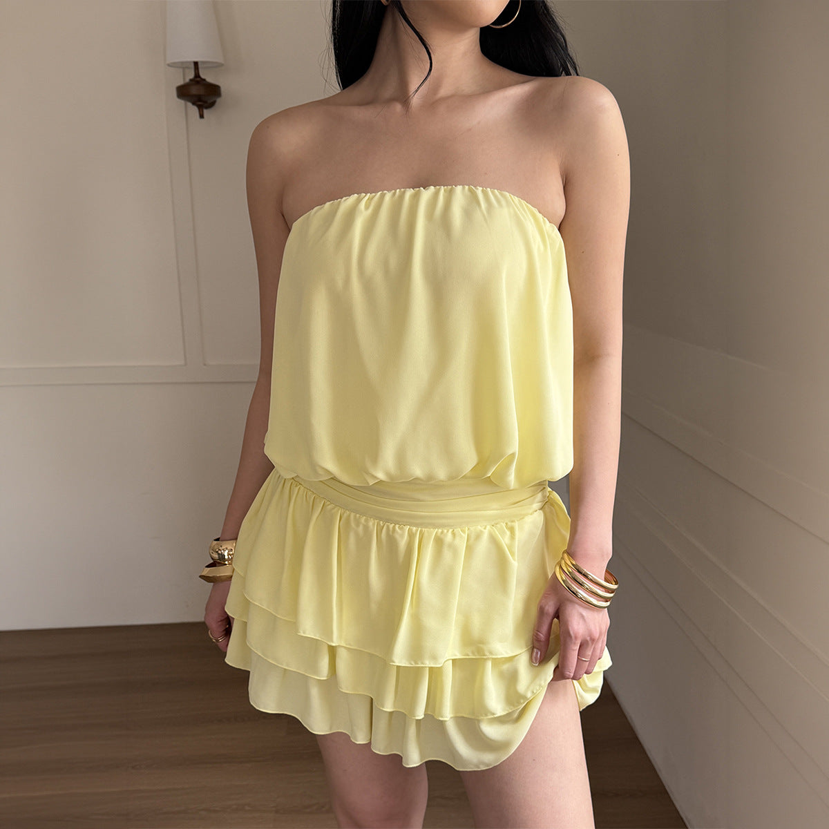 yellow cascading ruffle mini dress