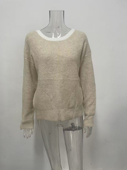 Relaxed Fit Ribbed Knit Sweater with Contrast Trim Crew Neck Premium Fabric - product view 6