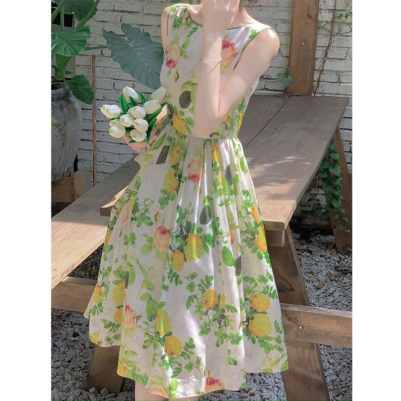 Forest-style green floral print midi dress