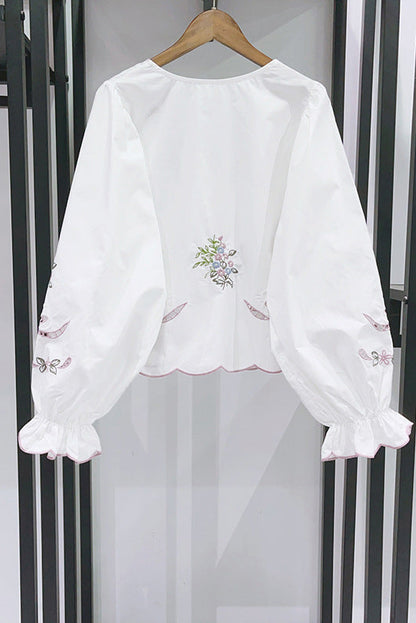Openwork Embroidered V-Neck Closed Flared Sleeve Shirt