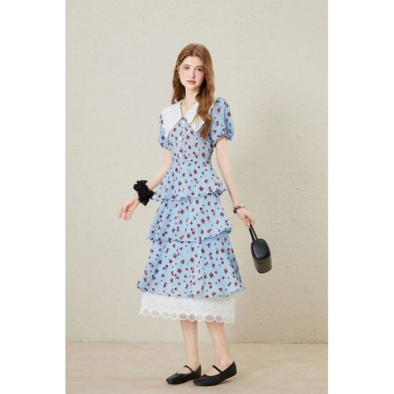 lace splicing print Tiered maxi dress in blue