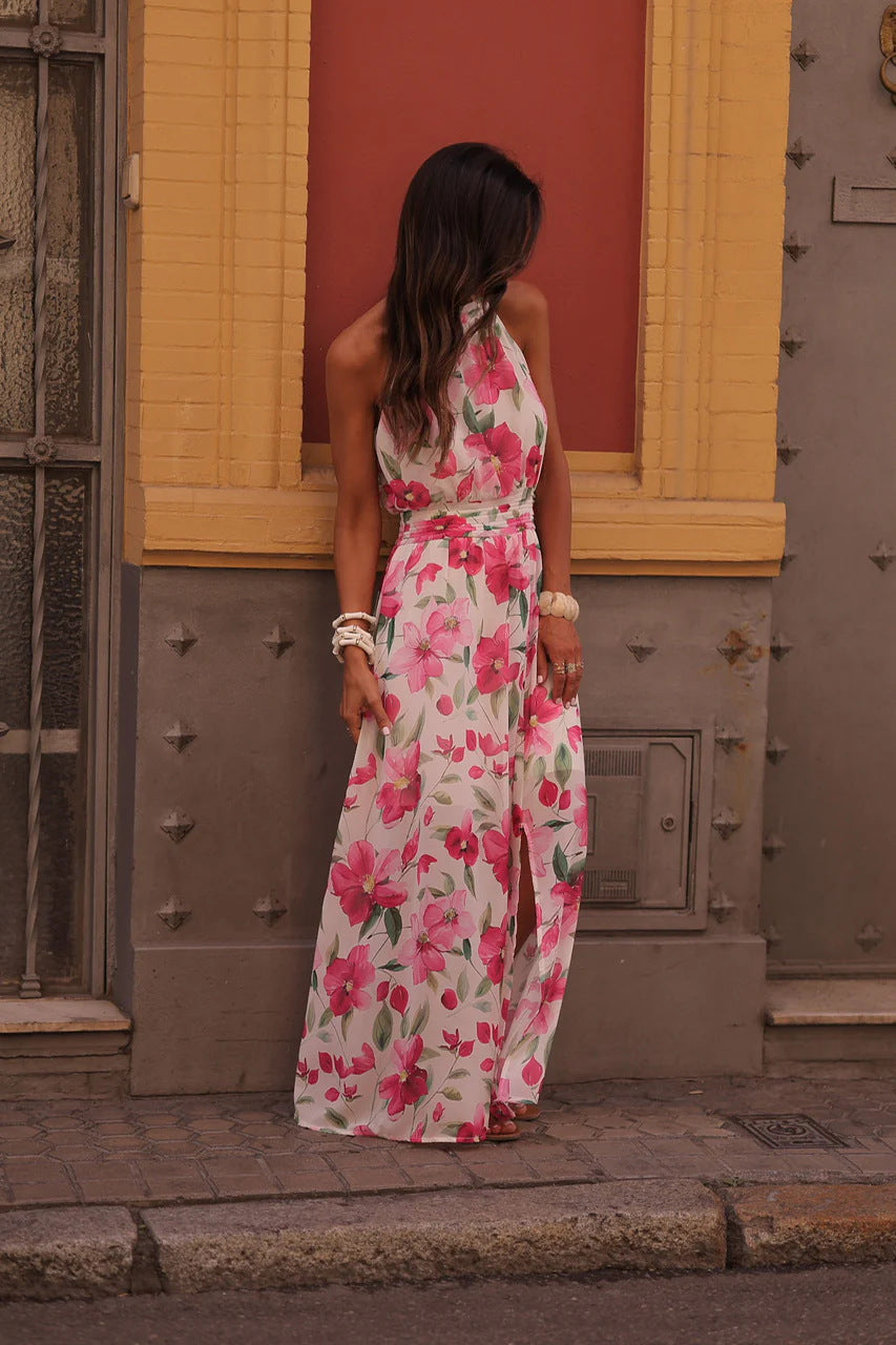 Printed Wrap-Style halter Ruched Maxi Dress - whtie & red