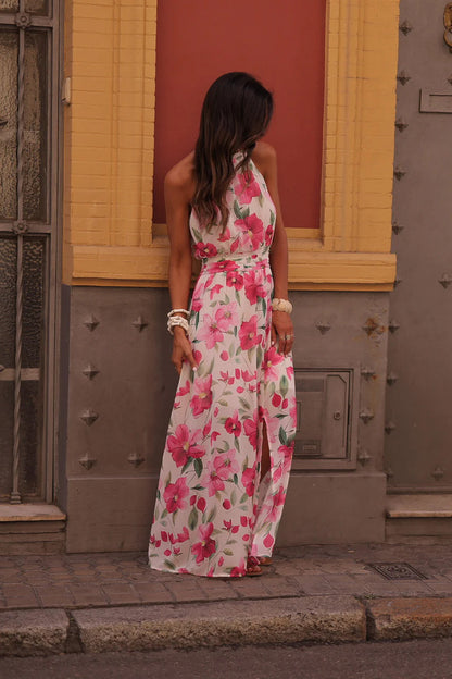 Printed Wrap-Style halter Ruched Maxi Dress - whtie & red