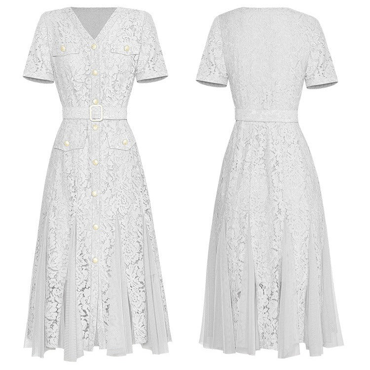 White Lace V-Neck Belted Midi Dress with Tulle Panels