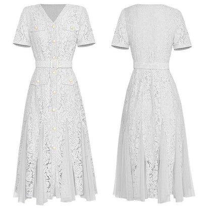 White Lace V-Neck Belted Midi Dress with Tulle Panels