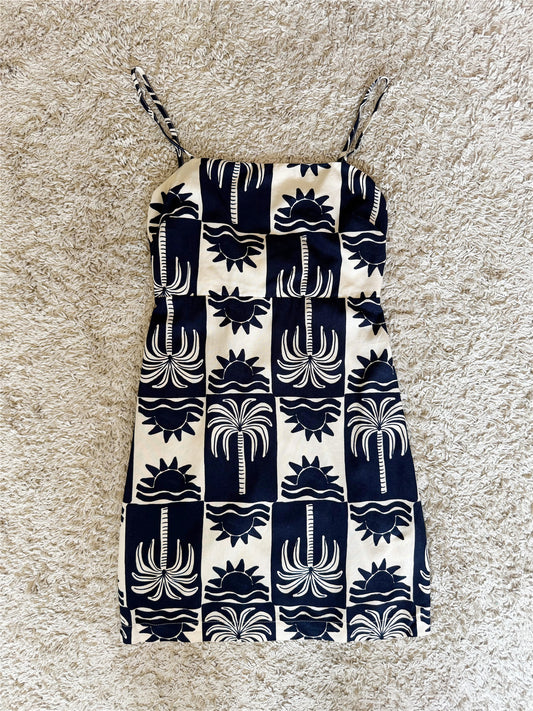 Checkered Palm Tree Print Spaghetti Strap Mini Dress