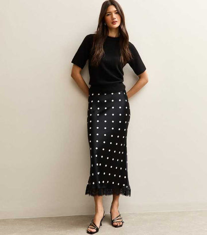 black polka dot lace patchwork midi skirt