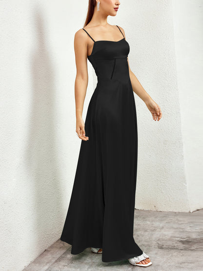 black matte satin backless slip dress