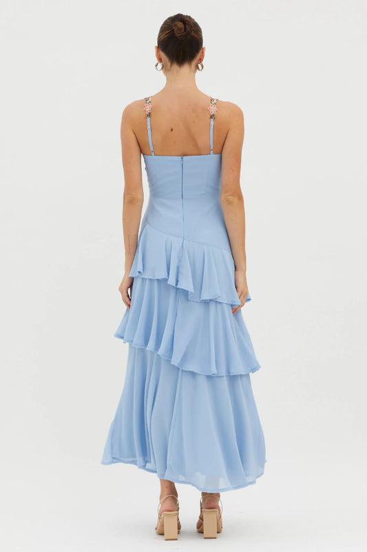 blue Cascading Ruffle Floral Decorative Dress