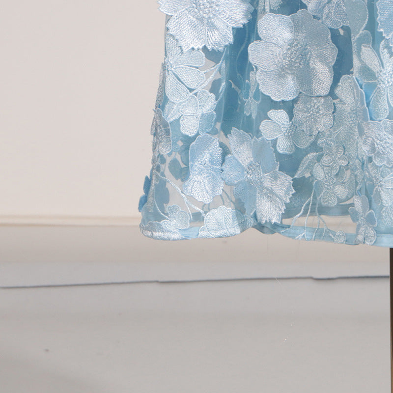 Selene floral embroidery Tiered Maxi Dress In Blue