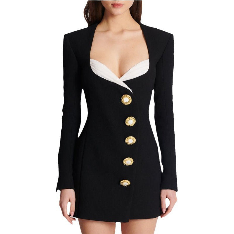 Long-sleeved square neck color-blocked slim-fit bodycon dress