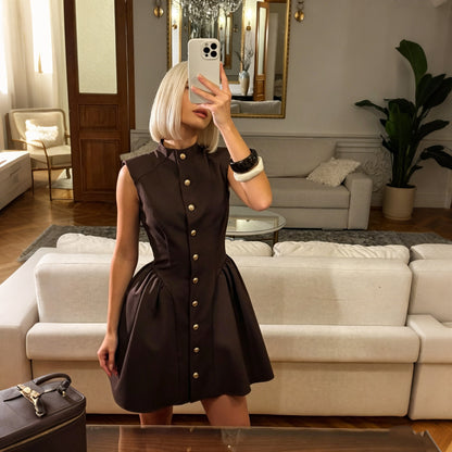 brown button-down fragrance slim waist mini dress