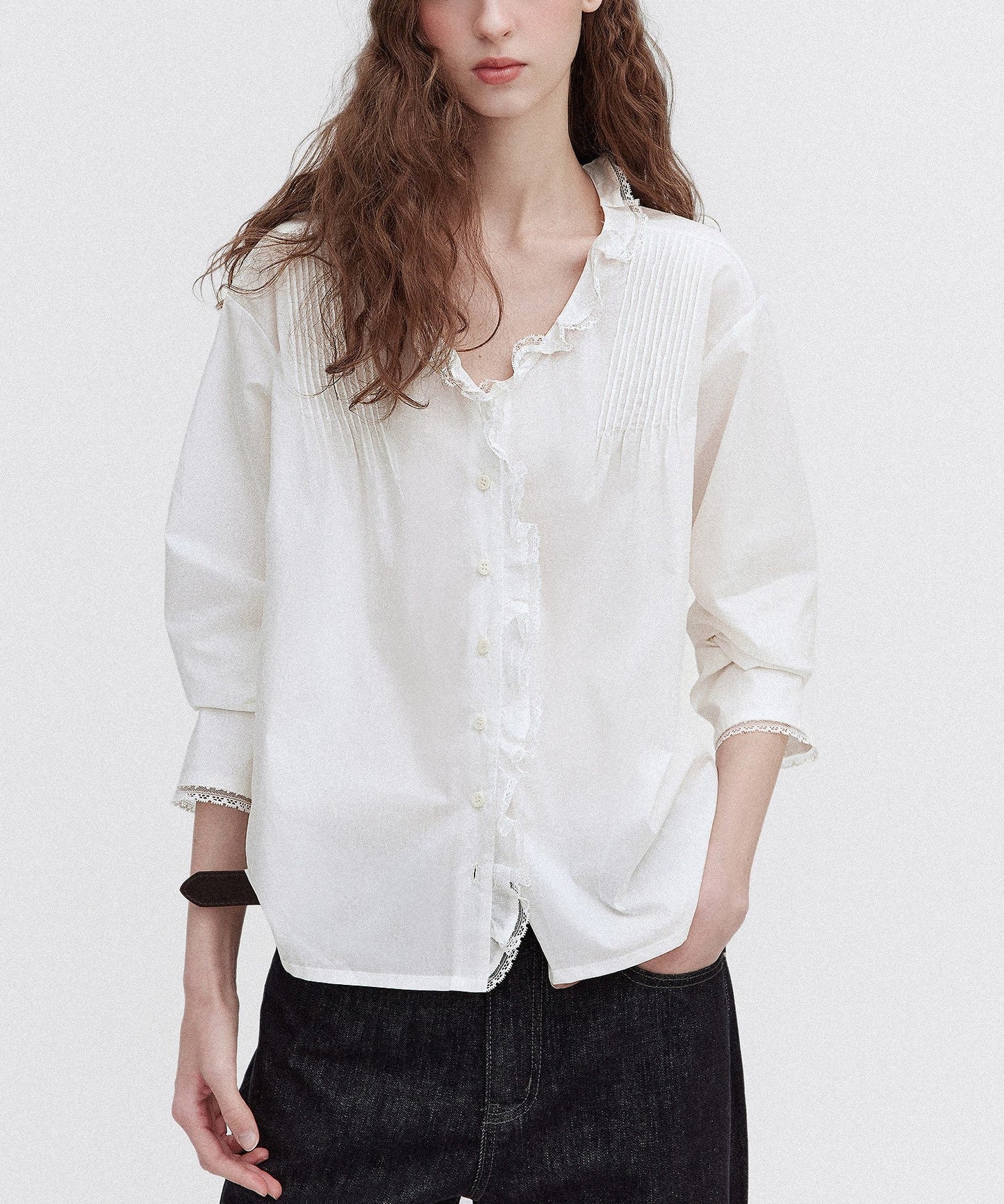 Ruffled lace trim deep V-neck shirt