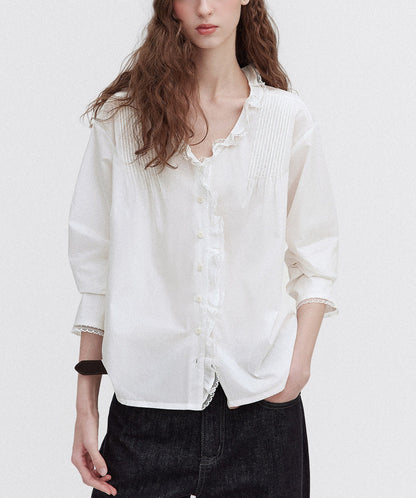 Ruffled lace trim deep V-neck shirt