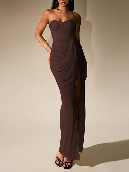 brown mesh open back herring bone bandeau high slit dress