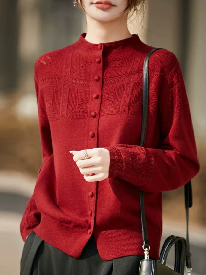 Openwork Crochet Mock-neck Knit Cardigan