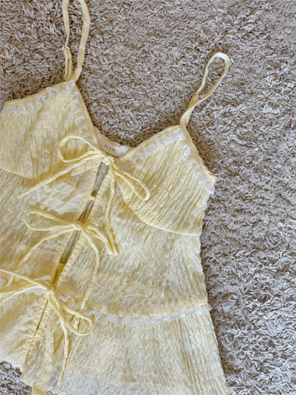 Front Multi-Tie Lace Trim Tiered Cami Top