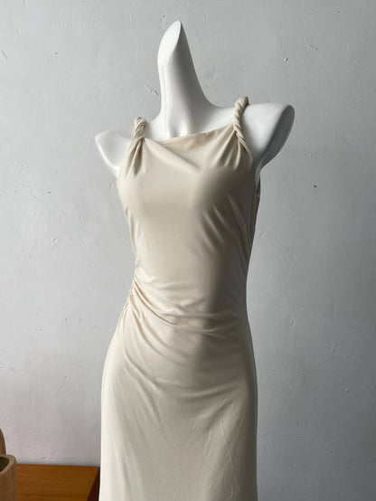 twisted suspender waist slimming midi dress