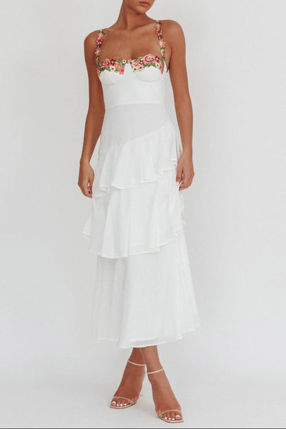 white Cascading Ruffle Floral Decorative Dress