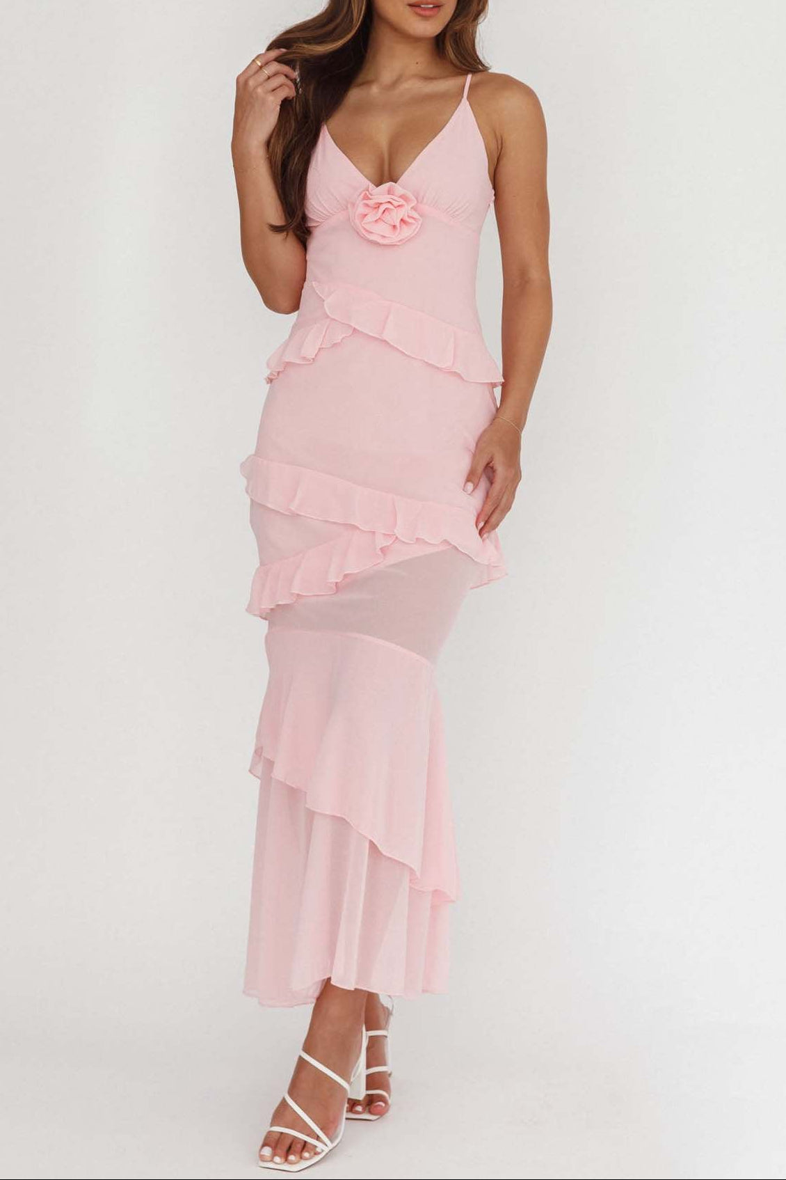pink backless suspender ruffled dress