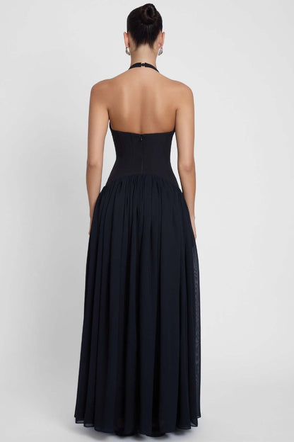 black suspender backless maxi dress