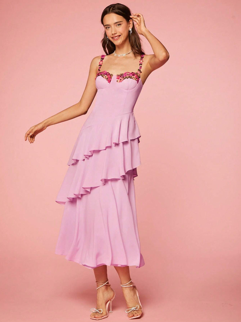 pink Cascading Ruffle Floral Decorative Dress