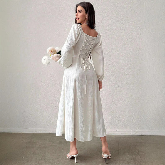 square neck waist-cinching slimming A-line maxi dress
