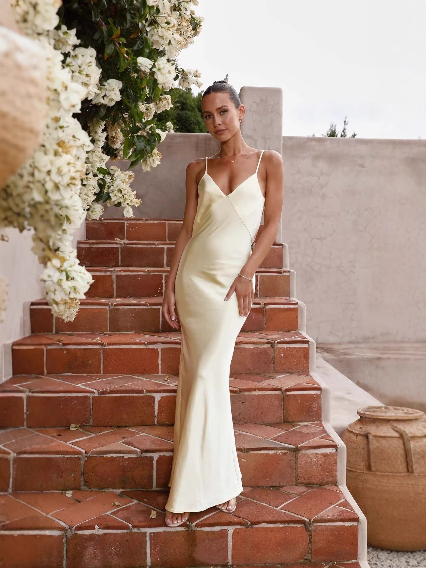yellow backless suspender mermaid maxi dress