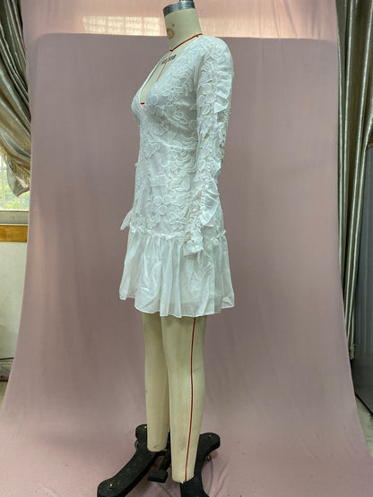 Embroidered lace ruffled mini dress - white
