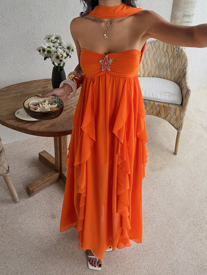 orange bandeau layered ruffled dress