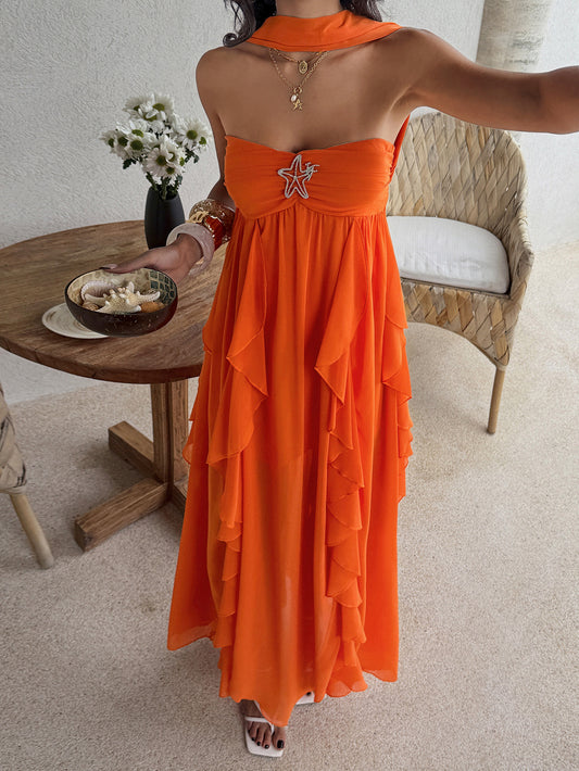 orange bandeau layered ruffled dress