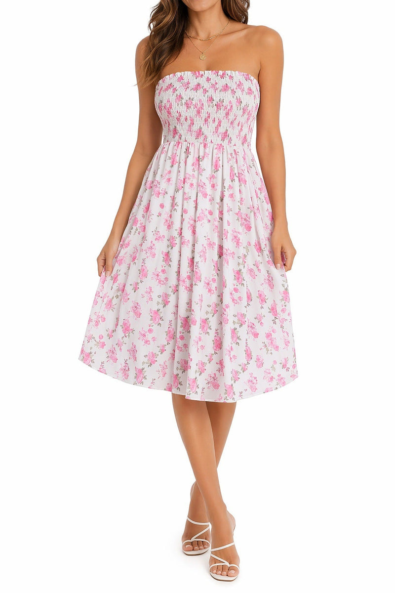 Beach-print strapless midi dress in pink