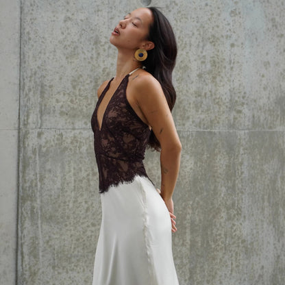 satin lace halterneck spliced hollow dress