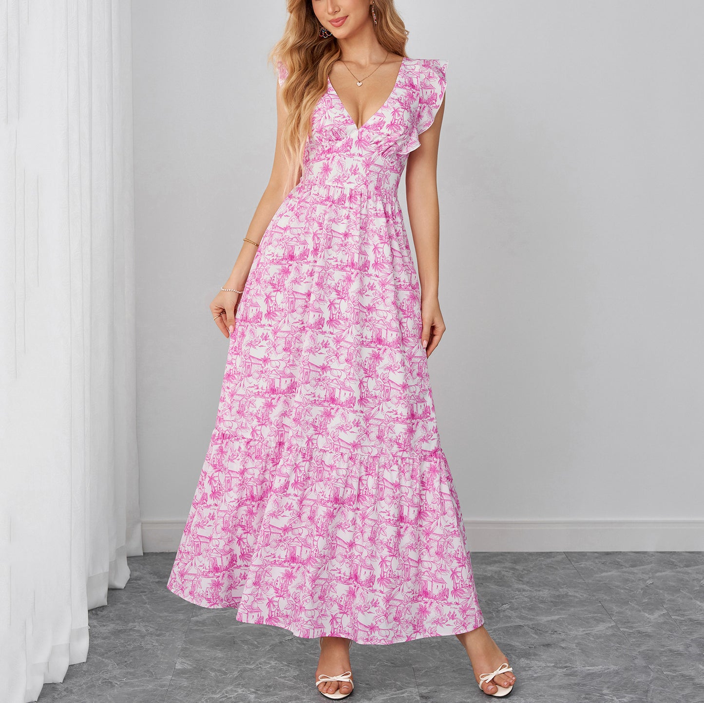 pink printed spaghetti strap V-neck backless tie-up dress