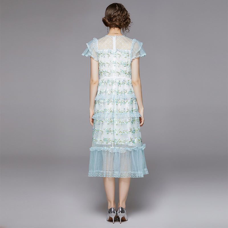 embroidered sheer layered mesh midi dress - blue & green